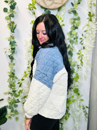 Quincy Quilted Denim Pullover-Pullovers-BiBi-Motis & Co Boutique, Women's Fashion Boutique in Carthage, Missouri