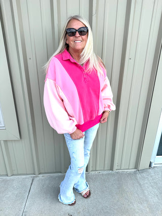 Lulu Pink Snap Button Collared Sweatshirt-Pullovers-Papermoon-Motis & Co Boutique, Women's Fashion Boutique in Carthage, Missouri