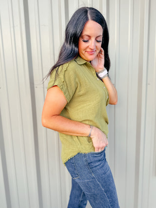 Rena Raw Edge Dolman Sleeve Blouse Green-Short Sleeves-GiGiO-Motis & Co Boutique, Women's Fashion Boutique in Carthage, Missouri