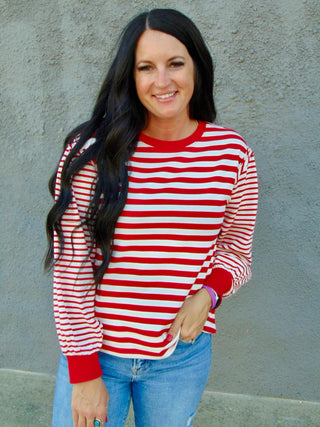 Kandy Red Balloon Sleeve Striped Top-Long Sleeves-Jodifl-Motis & Co Boutique, Women's Fashion Boutique in Carthage, Missouri