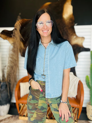 Blaze Boxy Denim Button Up Top-Short Sleeves-Risen-Motis & Co Boutique, Women's Fashion Boutique in Carthage, Missouri