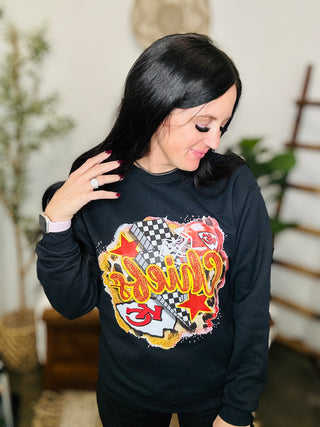 Chiefs Checkered Lightning Bolt Black Sweatshirt-Pullovers-Motis & CO-Motis & Co Boutique, Women's Fashion Boutique in Carthage, Missouri