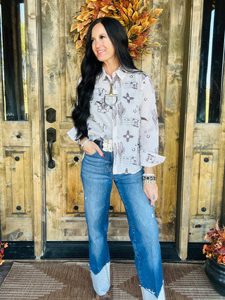 Fast Hand Western Print Button Up Blouse