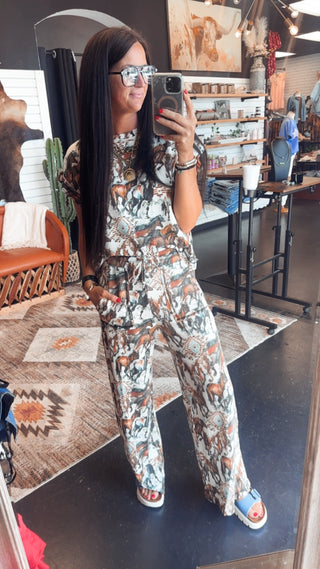 Run Wild Ribbed Western Print Pants