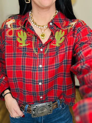 Josie Western Red Plaid Blouse-Long Sleeves-Taelynn-Motis & Co Boutique, Women's Fashion Boutique in Carthage, Missouri