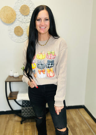 Pumpkin Bow Corded Pullover in Khaki-graphic Sweatshirt-Dear Lover-Motis & Co Boutique, Women's Fashion Boutique in Carthage, Missouri