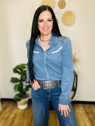 Diamond Denim Western Button Down Blouse-Long Sleeves-Howdy Hanny-Motis & Co Boutique, Women's Fashion Boutique in Carthage, Missouri