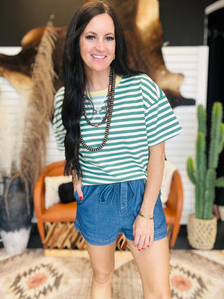 Edie Green Striped Casual Short Sleeve Tee-Short Sleeves-blu pepper-Motis & Co Boutique, Women's Fashion Boutique in Carthage, Missouri
