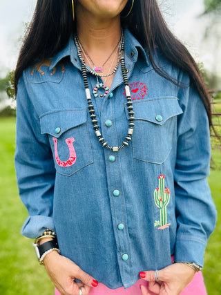 Patsy Western Denim Button Down Blouse-Long Sleeves-Taelynn-Motis & Co Boutique, Women's Fashion Boutique in Carthage, Missouri