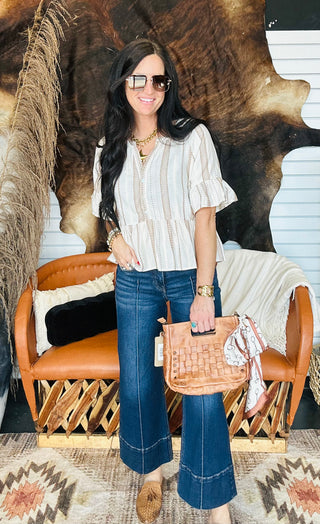 Leslie Striped Bell Sleeve Blouse-Short Sleeves-blu pepper-Motis & Co Boutique, Women's Fashion Boutique in Carthage, Missouri