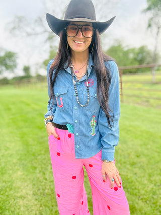 Patsy Western Denim Button Down Blouse-Long Sleeves-Taelynn-Motis & Co Boutique, Women's Fashion Boutique in Carthage, Missouri