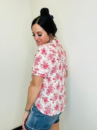 Stella Red Floral Print Blouse-Short Sleeves-GiGiO-Motis & Co Boutique, Women's Fashion Boutique in Carthage, Missouri