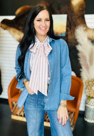 Skye Tie Neck Short Sleeve Blouse Blush-Long Sleeves-Howdy Hanny-Motis & Co Boutique, Women's Fashion Boutique in Carthage, Missouri