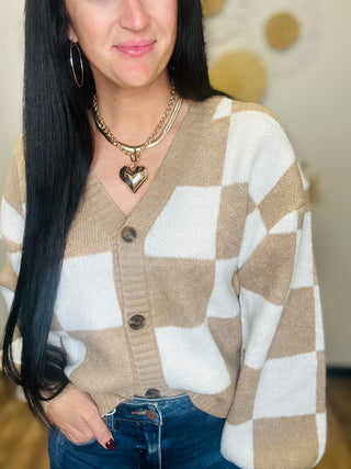 Checkered Button Front Cardigan Taupe - Abigail-Cardigans-Blue Velvet-Motis & Co Boutique, Women's Fashion Boutique in Carthage, Missouri