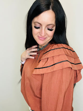 Poppie Rust Bubble Sleeve Blouse-Blouses-Jodiful-Motis & Co Boutique, Women's Fashion Boutique in Carthage, Missouri