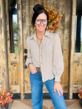 Harper Scallop Trim Striped Blouse Mocha