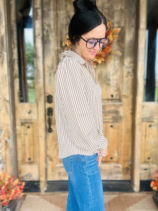 Harper Scallop Trim Striped Blouse Mocha