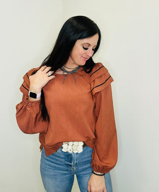 Poppie Rust Bubble Sleeve Blouse-Blouses-Jodiful-Motis & Co Boutique, Women's Fashion Boutique in Carthage, Missouri