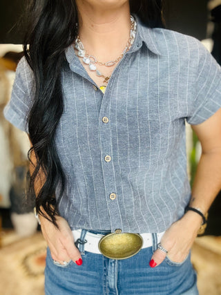 Sophia Navy Pin Stripe Linen Blouse-Short Sleeves-blu pepper-Motis & Co Boutique, Women's Fashion Boutique in Carthage, Missouri