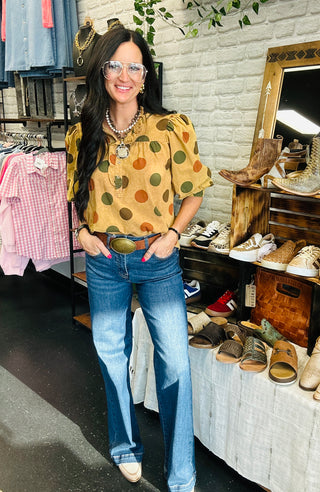 Mandy Mocha Polka Dot Half Sleeve Blouse-Short Sleeves-EASEL-Motis & Co Boutique, Women's Fashion Boutique in Carthage, Missouri