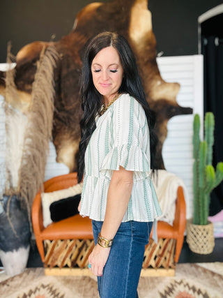 Leslie Striped Bell Sleeve Blouse-Short Sleeves-blu pepper-Motis & Co Boutique, Women's Fashion Boutique in Carthage, Missouri