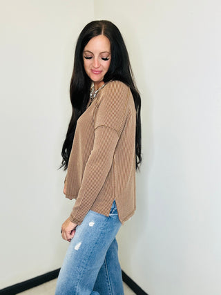 Ribbed Raw Edge Long Sleeve Top in Brown - Abby-Long Sleeves-Zenana-Motis & Co Boutique, Women's Fashion Boutique in Carthage, Missouri