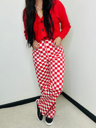 Demi Red Checkered Jeans-Pants-Papermoon-Motis & Co Boutique, Women's Fashion Boutique in Carthage, Missouri