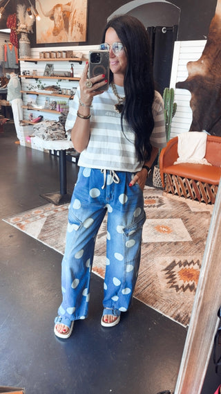 Quentin Polka Dot Denim Barrel Jeans-Jeans-BiBi-Motis & Co Boutique, Women's Fashion Boutique in Carthage, Missouri