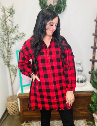 Starla Oversized Red Buffalo Plaid Shirt-Long Sleeves-Risen-Motis & Co Boutique, Women's Fashion Boutique in Carthage, Missouri