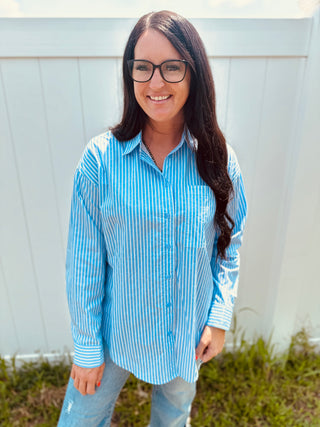 Whitney Blue Pin Striped Blouse-Long Sleeves-HYFVE-Motis & Co Boutique, Women's Fashion Boutique in Carthage, Missouri