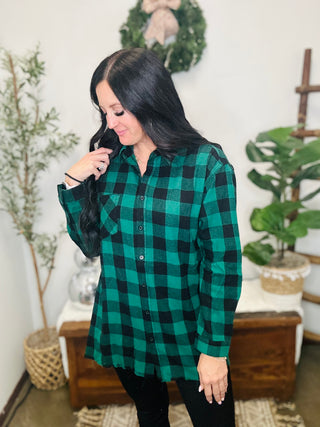 Starla Oversized Green Buffalo Plaid Shirt-Long Sleeves-Risen-Motis & Co Boutique, Women's Fashion Boutique in Carthage, Missouri