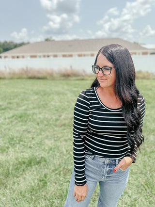 Stacy Swoop Neck Striped Top Black-Long Sleeves-staccato-Motis & Co Boutique, Women's Fashion Boutique in Carthage, Missouri