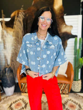 Delilah Denim Polka Dot Jacket-outerwear-24th-Motis & Co Boutique, Women's Fashion Boutique in Carthage, Missouri