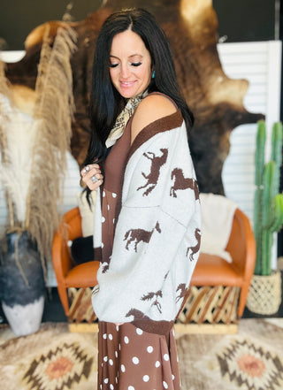 Hadley Horse Print Sweater Cardigan-Sweaters-ee: some-Motis & Co Boutique, Women's Fashion Boutique in Carthage, Missouri
