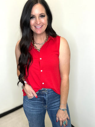 Andree by Unit Sleeveless Button Down Blouse Red-Short Sleeves-Andree by Unit-Motis & Co Boutique, Women's Fashion Boutique in Carthage, Missouri