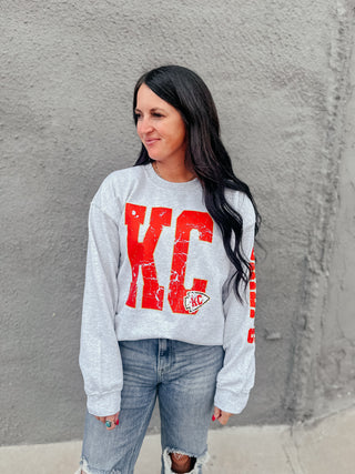 KC Football Chiefs Sleeve Sweatshirt-Pullovers-Southern Babe Wholesale-Motis & Co Boutique, Women's Fashion Boutique in Carthage, Missouri