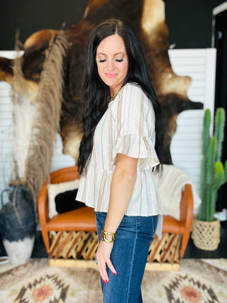 Leslie Striped Bell Sleeve Blouse-Short Sleeves-blu pepper-Motis & Co Boutique, Women's Fashion Boutique in Carthage, Missouri