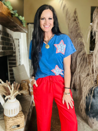 Pam Patriotic Patchwork Star Top-Short Sleeves-Pretty Bash-Motis & Co Boutique, Women's Fashion Boutique in Carthage, Missouri