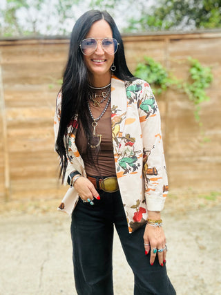 Wagon Wheel Western Print Blazer-Blazers-Howdy Hanny-Motis & Co Boutique, Women's Fashion Boutique in Carthage, Missouri