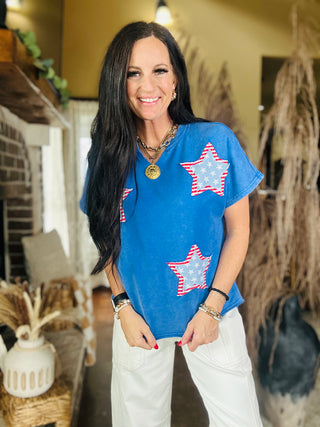 Pam Patriotic Patchwork Star Top-Short Sleeves-Pretty Bash-Motis & Co Boutique, Women's Fashion Boutique in Carthage, Missouri