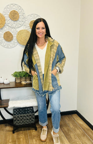 Patchwork Corduroy Hooded Shacket - Mya-Jackets-Blue Velvet-Motis & Co Boutique, Women's Fashion Boutique in Carthage, Missouri