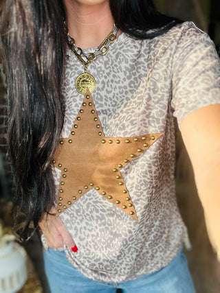 Olivia Studded Star Leopard Top-Short Sleeves-Pretty Bash-Motis & Co Boutique, Women's Fashion Boutique in Carthage, Missouri