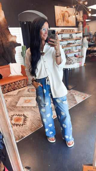Quentin Polka Dot Denim Barrel Jeans-Jeans-BiBi-Motis & Co Boutique, Women's Fashion Boutique in Carthage, Missouri
