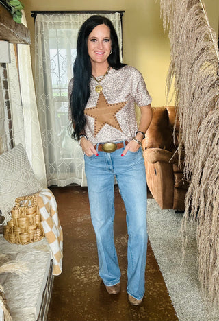 Olivia Studded Star Leopard Top-Short Sleeves-Pretty Bash-Motis & Co Boutique, Women's Fashion Boutique in Carthage, Missouri