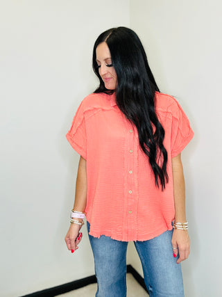 Elsie Coral Gauze Button Down Blouse-Short Sleeves-GiGiO-Motis & Co Boutique, Women's Fashion Boutique in Carthage, Missouri
