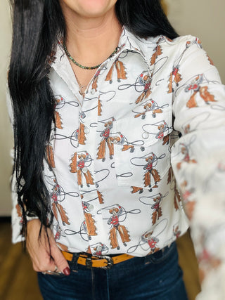 Hanny Roping Cowboy Print Blouse-Long Sleeves-Howdy Hanny-Motis & Co Boutique, Women's Fashion Boutique in Carthage, Missouri