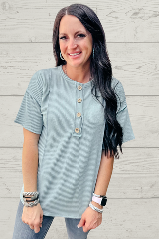 Haley Henley Short Sleeve Sage Top-Short Sleeves-HEIMISH-Motis & Co Boutique, Women's Fashion Boutique in Carthage, Missouri