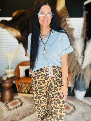 Dainty Denim Short Flutter Sleeve Blouse-Short Sleeves-2 Fly-Motis & Co Boutique, Women's Fashion Boutique in Carthage, Missouri
