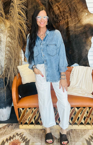 Remi Chambray Button Down Shirt-Long Sleeves-blu pepper-Motis & Co Boutique, Women's Fashion Boutique in Carthage, Missouri