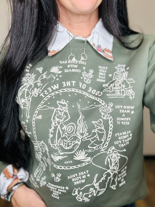 XOXO Code Of The West Green Sweatshirt-graphic Sweatshirt-XOXO ART & Co-Motis & Co Boutique, Women's Fashion Boutique in Carthage, Missouri